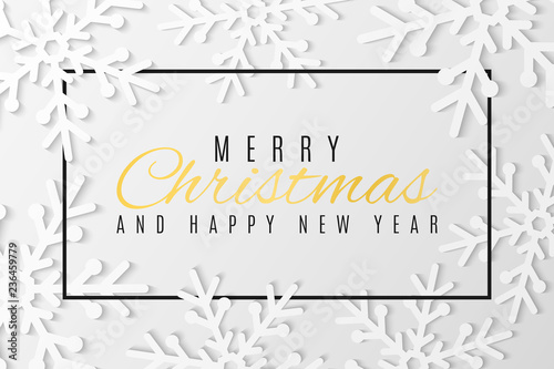 Christmas greeting card. Snowflakes cut out of paper. Happy New Year 2019. Seasonal festive web banner. Text in frame. Vector illustration