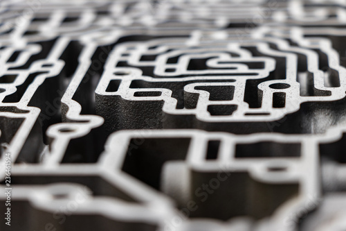 background. details of the automatic transmission, like a brain or a metal labyrinth.