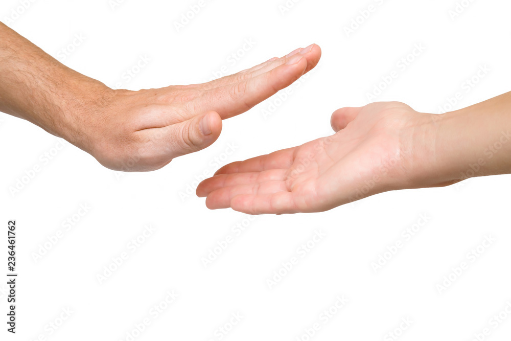 Man's and woman's hands giving five. Isolated on white background. Two people. Success concept. Cutout human's arm. Close up. Clipping path.