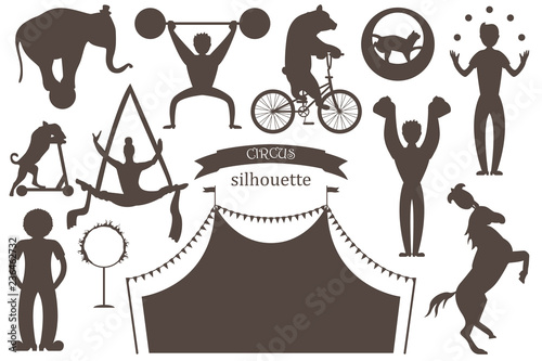A set of flat vector silhouettes of circus artists. Clowns, acrobats and trained animals.