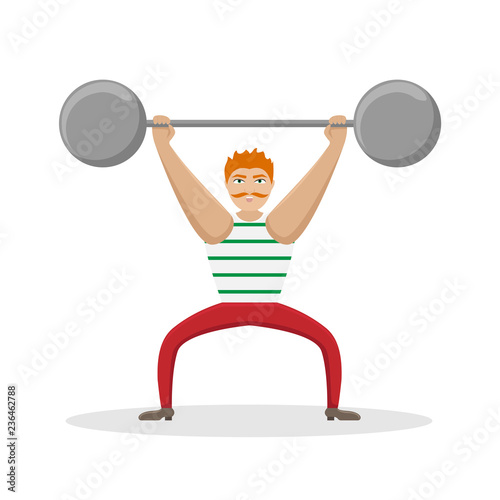 Circus athlete with a barbell in his hands. Flat vector illustration.