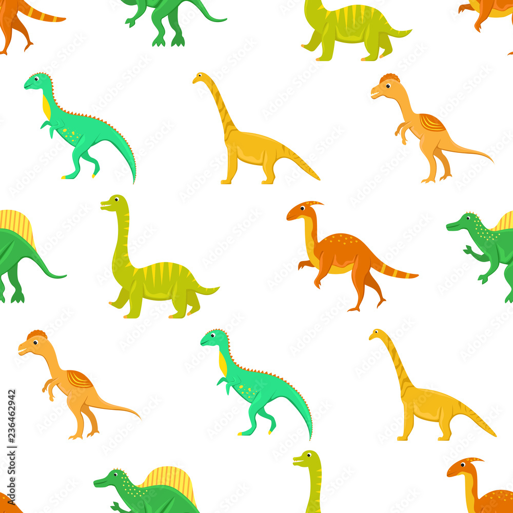 Naklejka Bezszwowy wzór z płaskimi wektorowymi kreskówka dinosaurami.