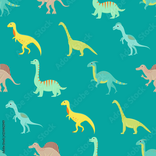 Fototapeta Naklejka Na Ścianę i Meble -  Seamless pattern with flat vector cartoon dinosaurs.