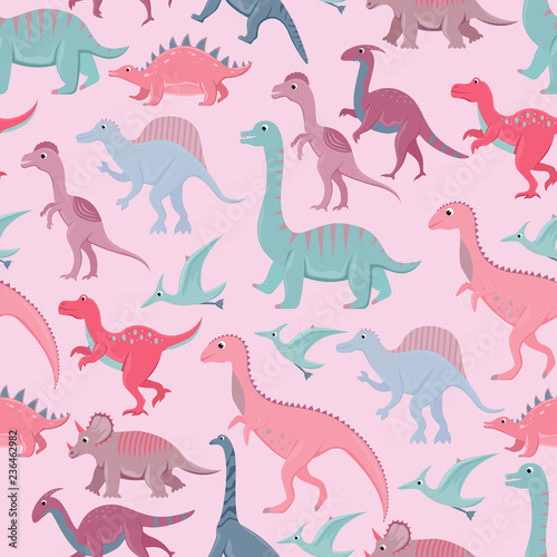 Seamless pattern with flat vector cartoon dinosaurs. © ArTalya