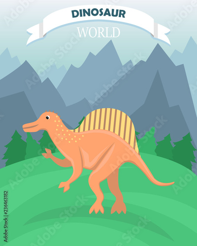 Poster with dinosaur on the background of a mountain landscape. Dinosaur world. Banner in a flat cartoon style.