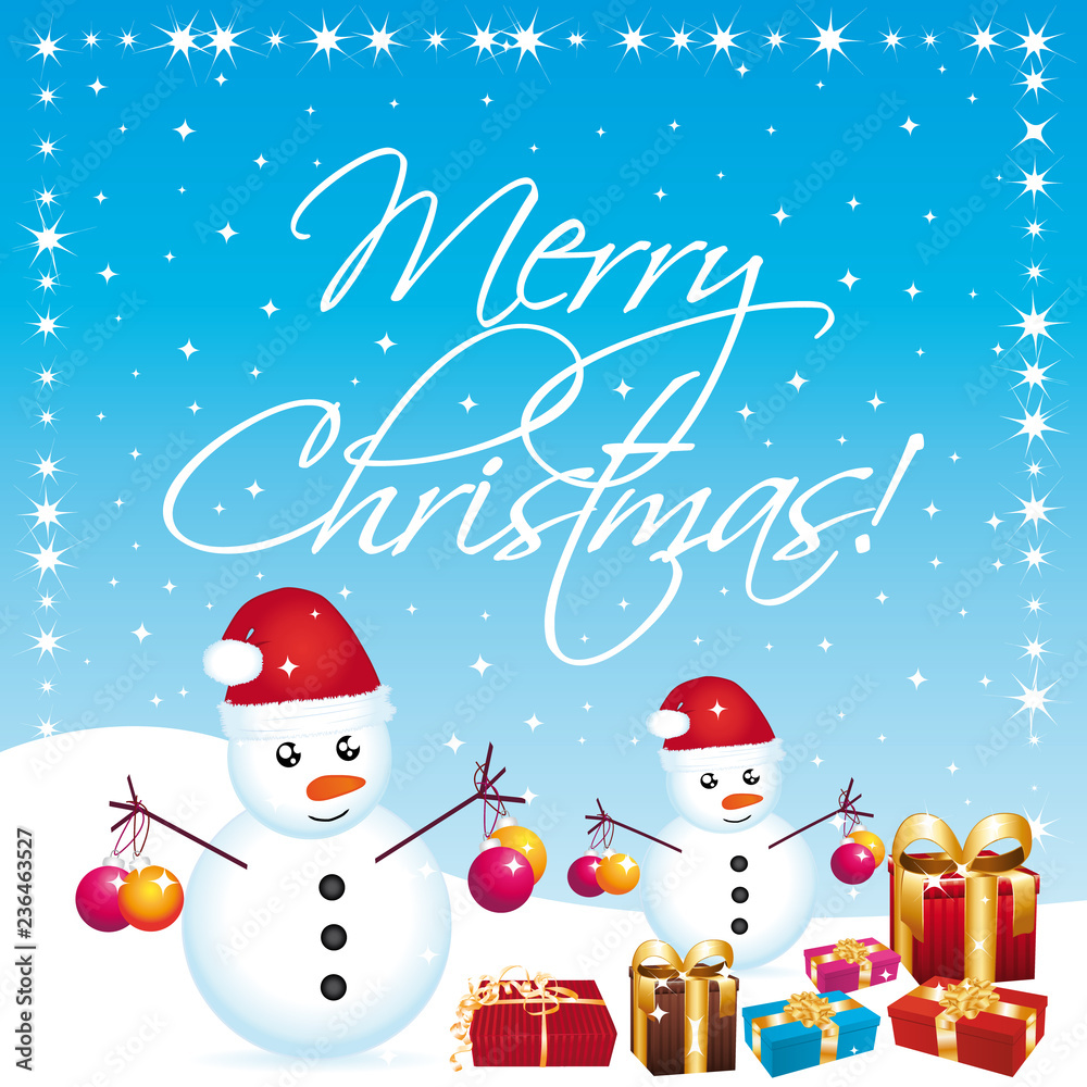 Merry christmas greeting card II with snowmen and gifts. Merry christmas greeting card II with snowmen and gifts.