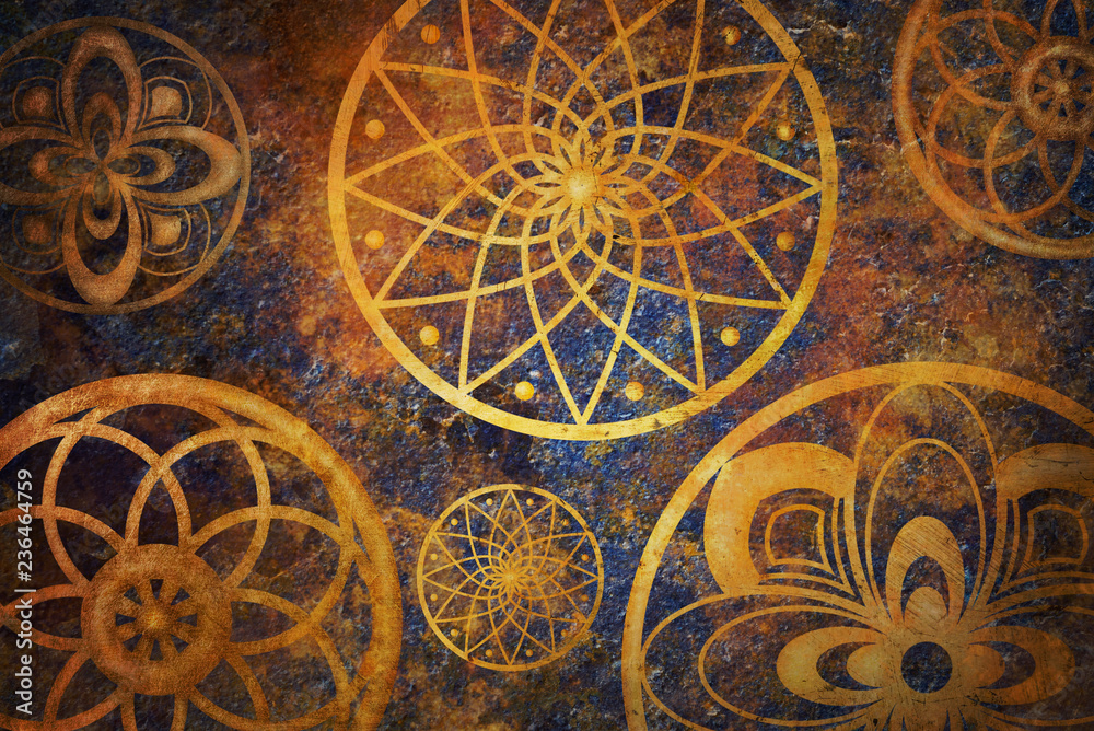 Abstract fantasy space with golden circle pattern. Art wallpaper with dark gold and blue color. Abstract fantasy space with golden circle pattern. Art wallpaper with dark gold and blue color.