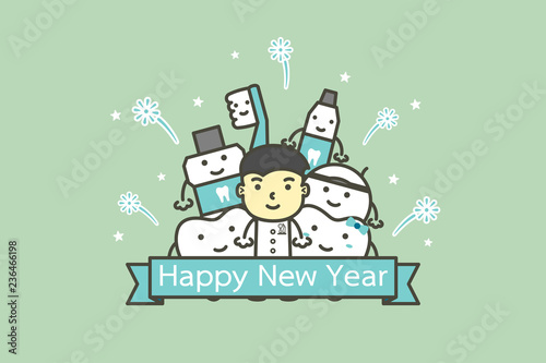 happy tooth and friends with male dentist with text for Happy New Year - teeth cartoon vector