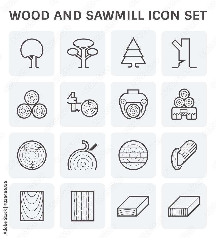 Wood, sawmill industry vector icon i.e. process of cutting, lifting, transport, debarking and square sawing. Include tree, timber and wood product i.e. plank, board, lumber and girder for woodworking. Wood, sawmill industry vector icon i.e. process of cutting, lifting, transport, debarking and square sawing. Include tree, timber and wood product i.e. plank, board, lumber and girder for woodworking.