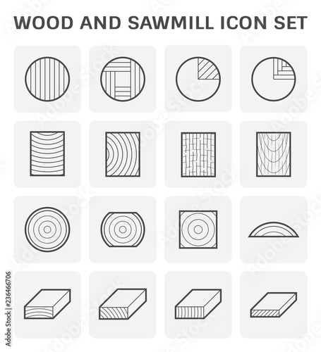 Wood product vector icon i.e. plank, board, lumber and girder. Include log, timber and square sawing, cutting process in mill, sawmill industy. Material from nature for woodworking, house construction