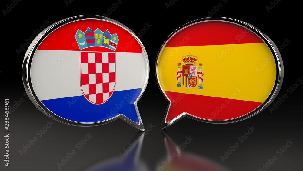 Obraz premium Croatia and Spain flags with Speech Bubbles. 3D illustration