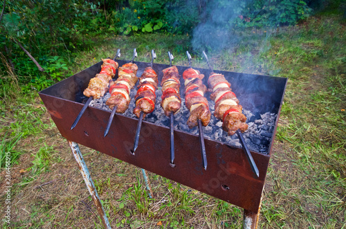 Shashlik on a barbecue grill over charcoal photo