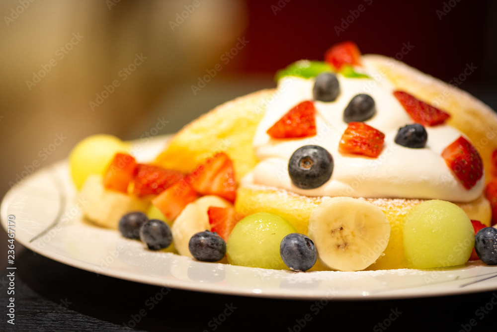 Pancake with strawberry, blueberry, banana, berry sauce and mascarpone cheese cream. Pancake with strawberry, blueberry, banana, berry sauce and mascarpone cheese cream.