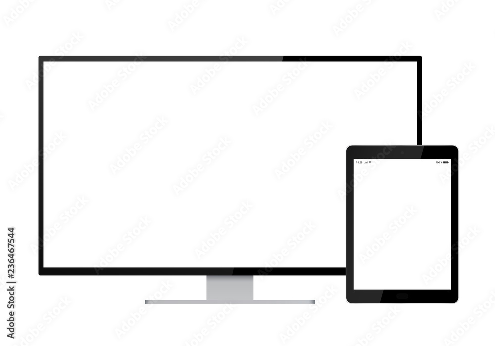 Realistic illustration of black monitor for PC and tablet with connection icons and signal, with white touch screen, isolated on white background Realistic illustration of black monitor for PC and tablet with connection icons and signal, with white touch screen, isolated on white background
