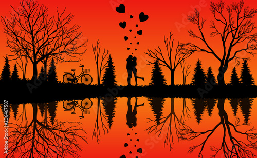 Men and women stand in the middle of the forest with their bicycles parked under the trees. The atmosphere is warm with a beautiful nature reflected in the water. Vector illustrations