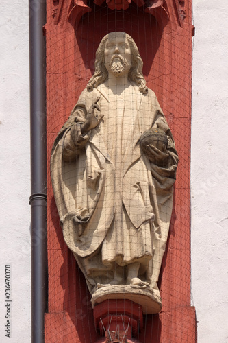 Christ the Saviour statue on the portal of the Marienkapelle in Wurzburg, Bavaria, Germany
