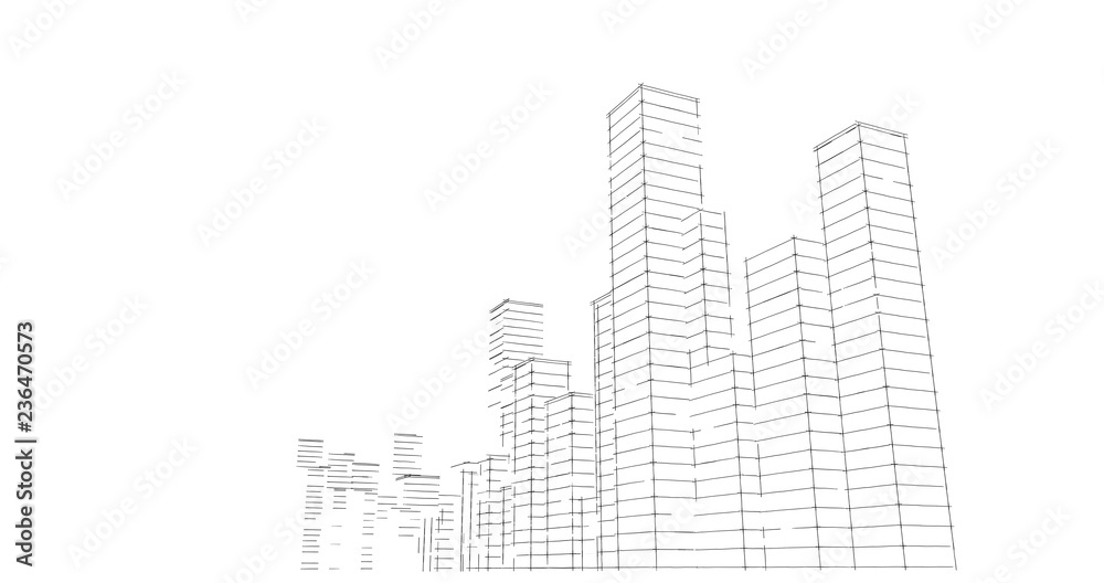 Silhouette of skyscrapers on a white background. Sketch line drawing
