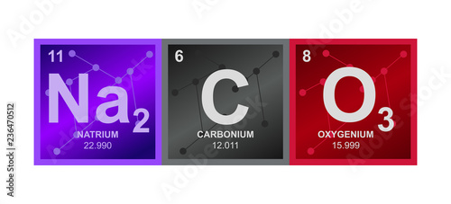 Vector symbol of Sodium carbonate Na2CO3 compound consisting from sodium, carbon and oxygen atoms and molecules on the background from connected molecules