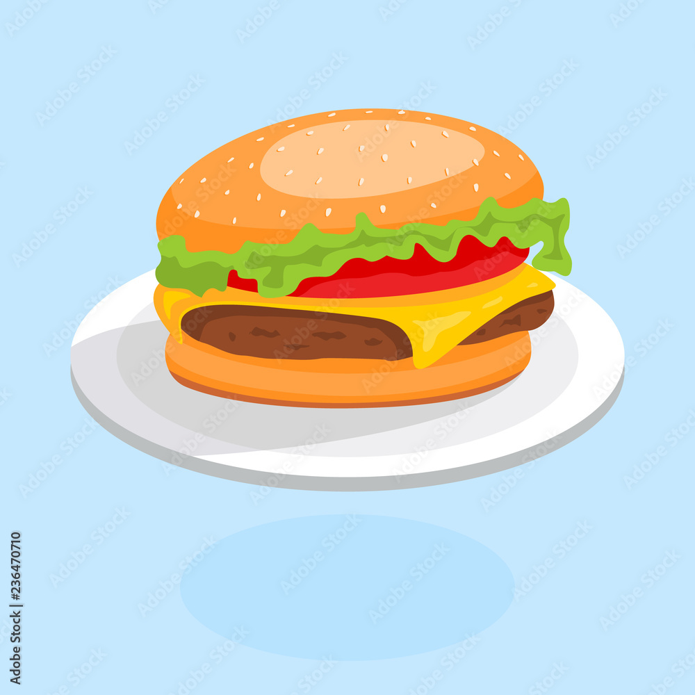 Concept of fast food. Hamburger with beef, tomato and cheese on plate. Vector illustration in cartoon style. Concept of fast food. Hamburger with beef, tomato and cheese on plate. Vector illustration in cartoon style.