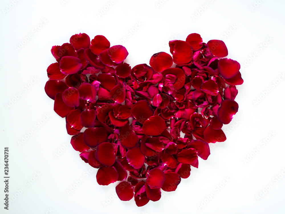 beautiful heart of red rose petals on white