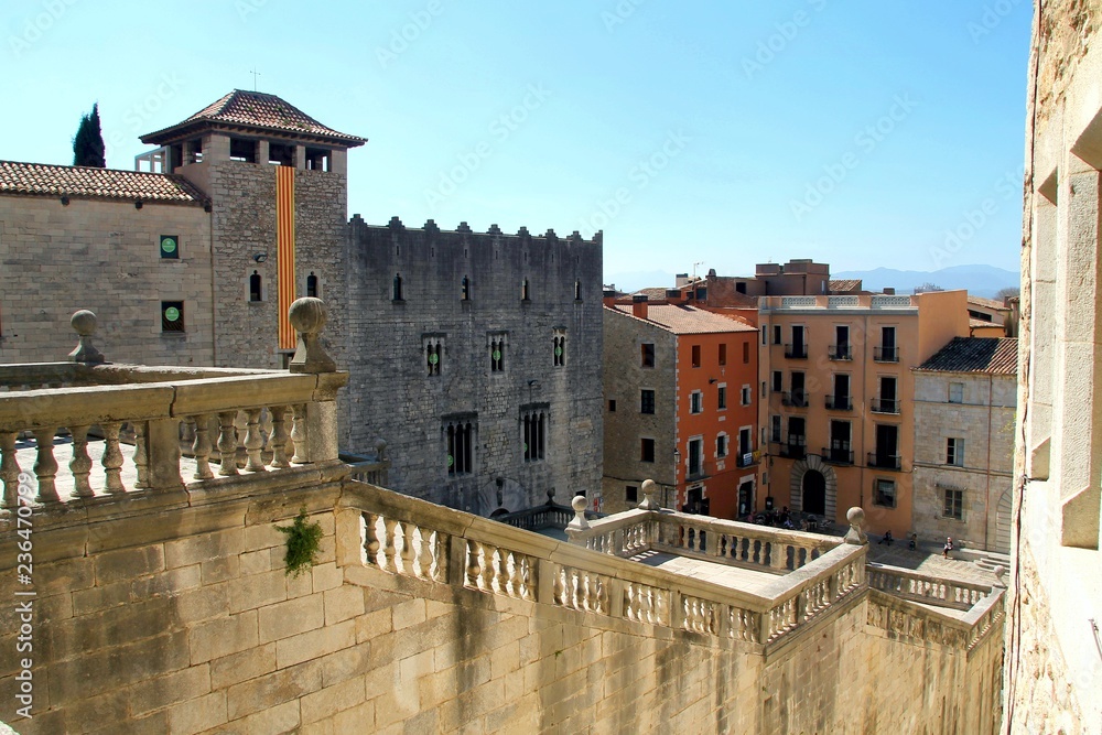 Girona, Cathedral, stairs, stairway, footway, architecture, old, building, medieval, city, panorama, landmark, ancient, church, town, house, 