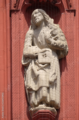 Saint James the Less statue on the portal of the Marienkapelle in Wurzburg, Bavaria, Germany