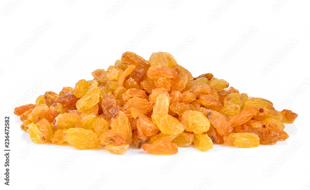Dried raisins isolated on white background.
