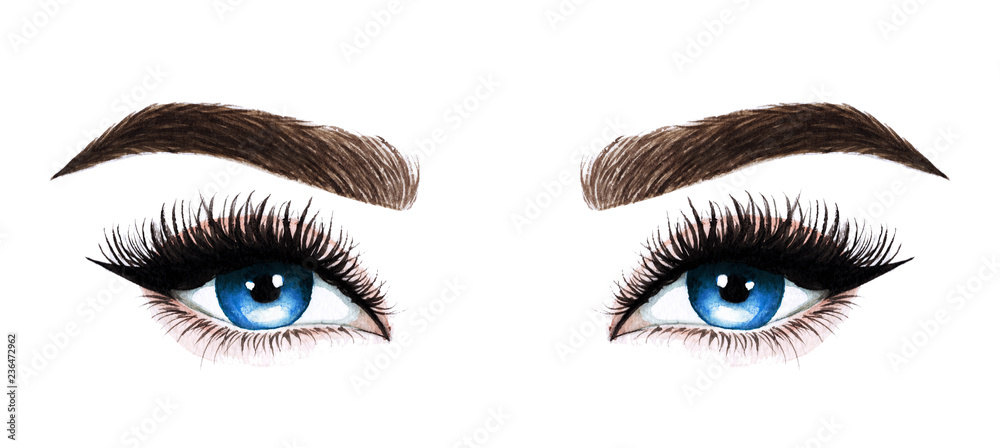 Woman Eyes With Long Eyelashes Hand Drawn Watercolor Illustration Eyelashes And Eyebrows Design For Eyelash Extensions Microblading Mascara Beauty Salon Cosmetics Makeup Artist Blue Eyes Stock イラスト Adobe Stock