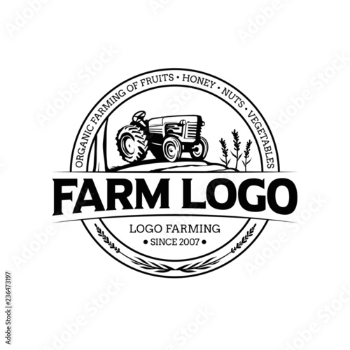 Farm tractor and field illustration logo template