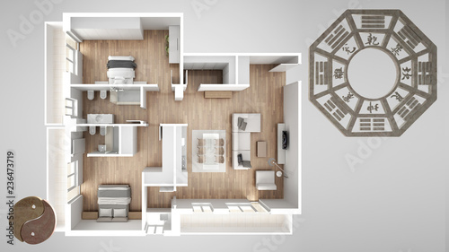 Interior design project with feng shui consultancy, home apartment flat plan, top view with bagua and tao symbol, yin and yang polarity, monogram concept background photo