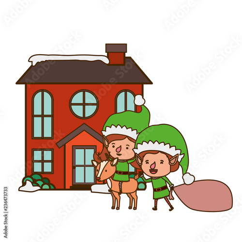 couple of elves with house isolated icon