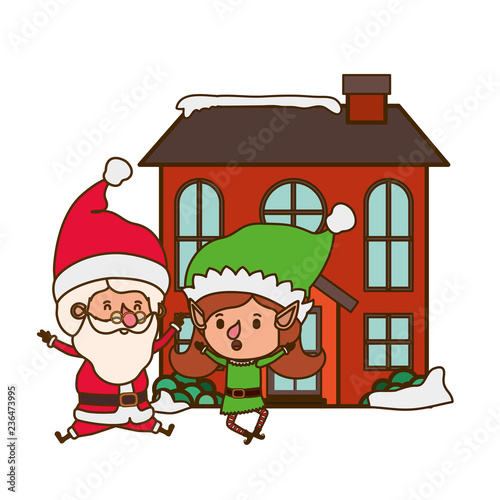 elf woman with santa claus and house