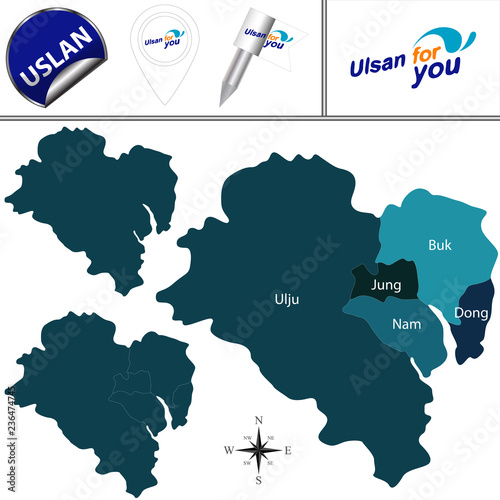 Map of Ulsan with Districts, South Korea