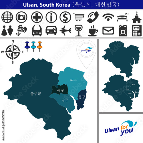 Map of Ulsan with Districts, South Korea