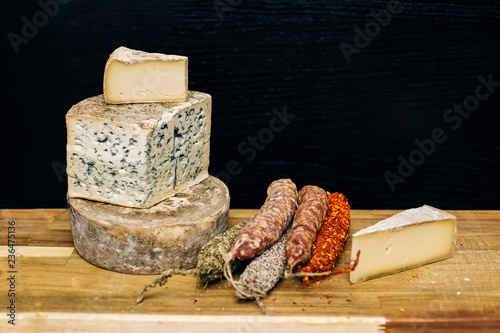 Variety of french dried sausages and cheese from Auvergne