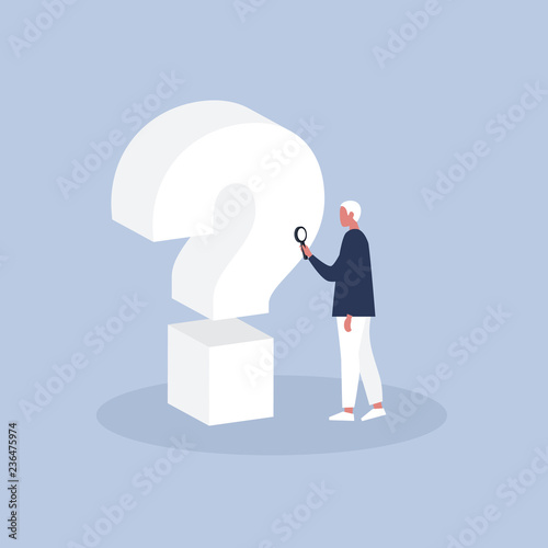 Question 3D sign. Young male character looking through the magnifying glass / flat editable vector illustration, clip art