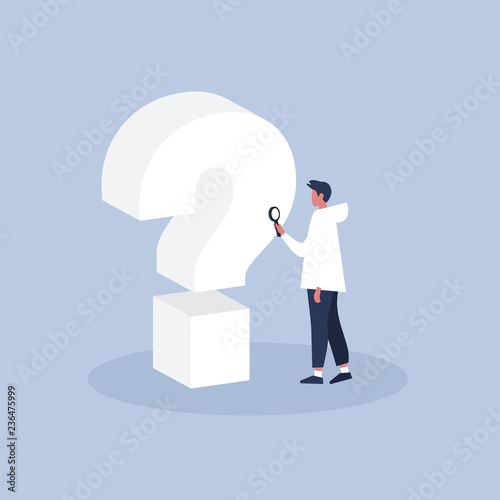 Question 3D sign. Young male character looking through the magnifying glass / flat editable vector illustration, clip art