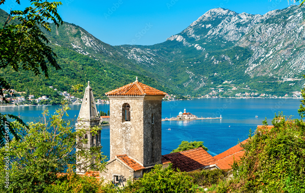 View of the Bay of Kotor with two small islands and bell towers in Perast, Montenegro