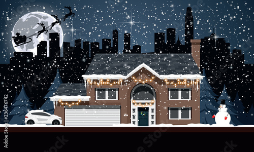 Snowy starry night, woodland landscape, suburban house and snowman vector illustration. Christmas and New Year holidays.