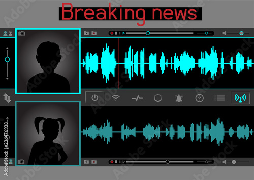 Wiretap sound talks interface template. Screen cap for breaking news about secret conversation. Spy control panel to record voice message