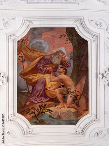 Creation of Adam, fresco in Neumunster Collegiate Church in Wurzburg, Germany