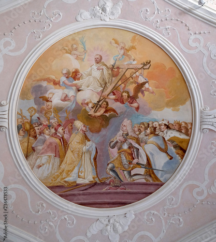 Ceiling frescoes with scenes from the life of St. Bernard of Clairvaux by Johann Adam Remele in Bernard Hall, Cistercian Abbey of Bronbach in Reicholzheim near Wertheim, Germany