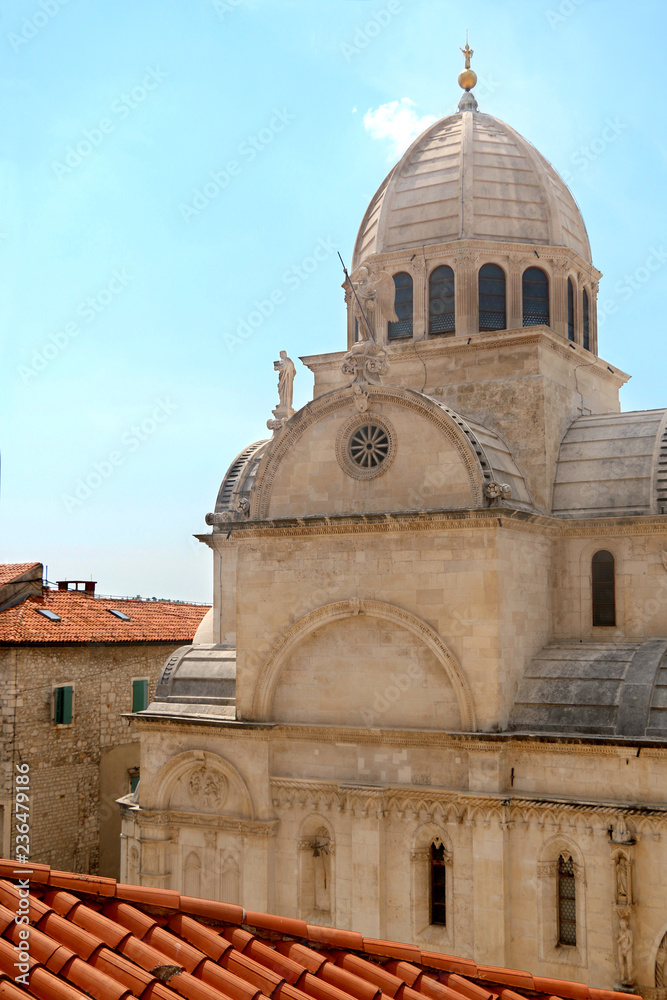 Historic Cathedral of St. James, famous UNESCO World Heritage Site in Sibenik, Croatia. Sibenik is popular travel coastal destination in Croatia.