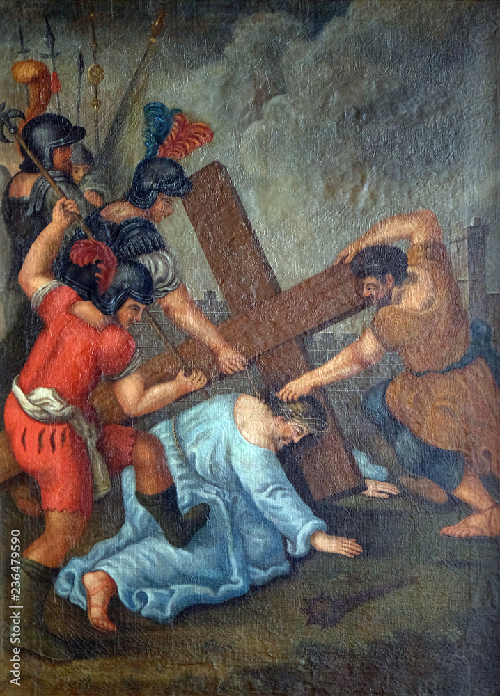7th Stations of the Cross, Jesus falls the second time, Maria im Grunen Tal pilgrimage church in Retzbach in the Bavarian district of Main-Spessart, Germany