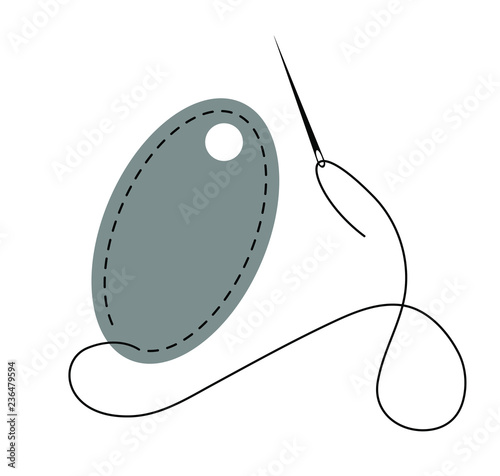 Vector illustration of gray hand made label decorated with stitch made by black thread and needle on white background