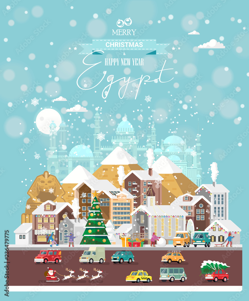 Christmas wishes from Egypt. Modern vector greeting card in flat style with snowflakes, winter city, decorations, cars and happy people.
