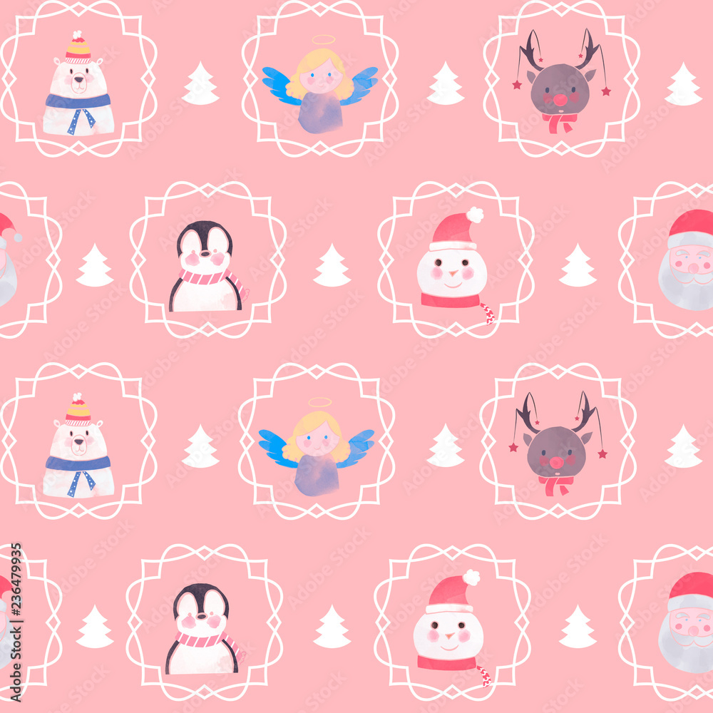 Cute Christmas elements seamless pattern. Christmas decoration with Santa Claus, bear, penguin, snowman, angel and deer.