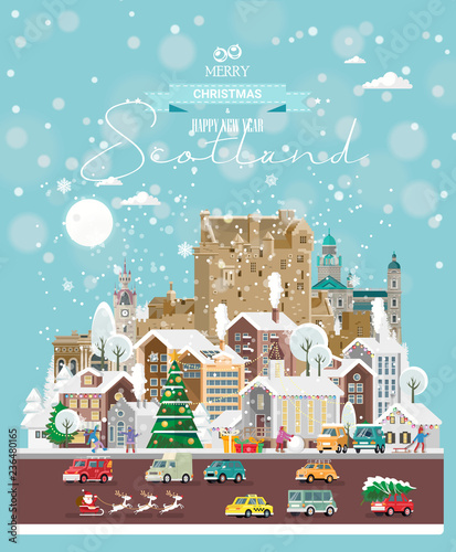 Christmas wishes from Scotland. Modern vector greeting card in flat style with snowflakes, winter city, decorations, cars and happy people.