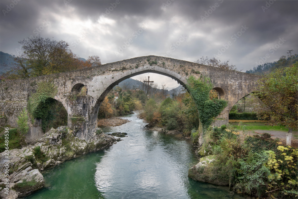 Ancient Roman bridge in Cangas de Onis, Asturias, Spain.
