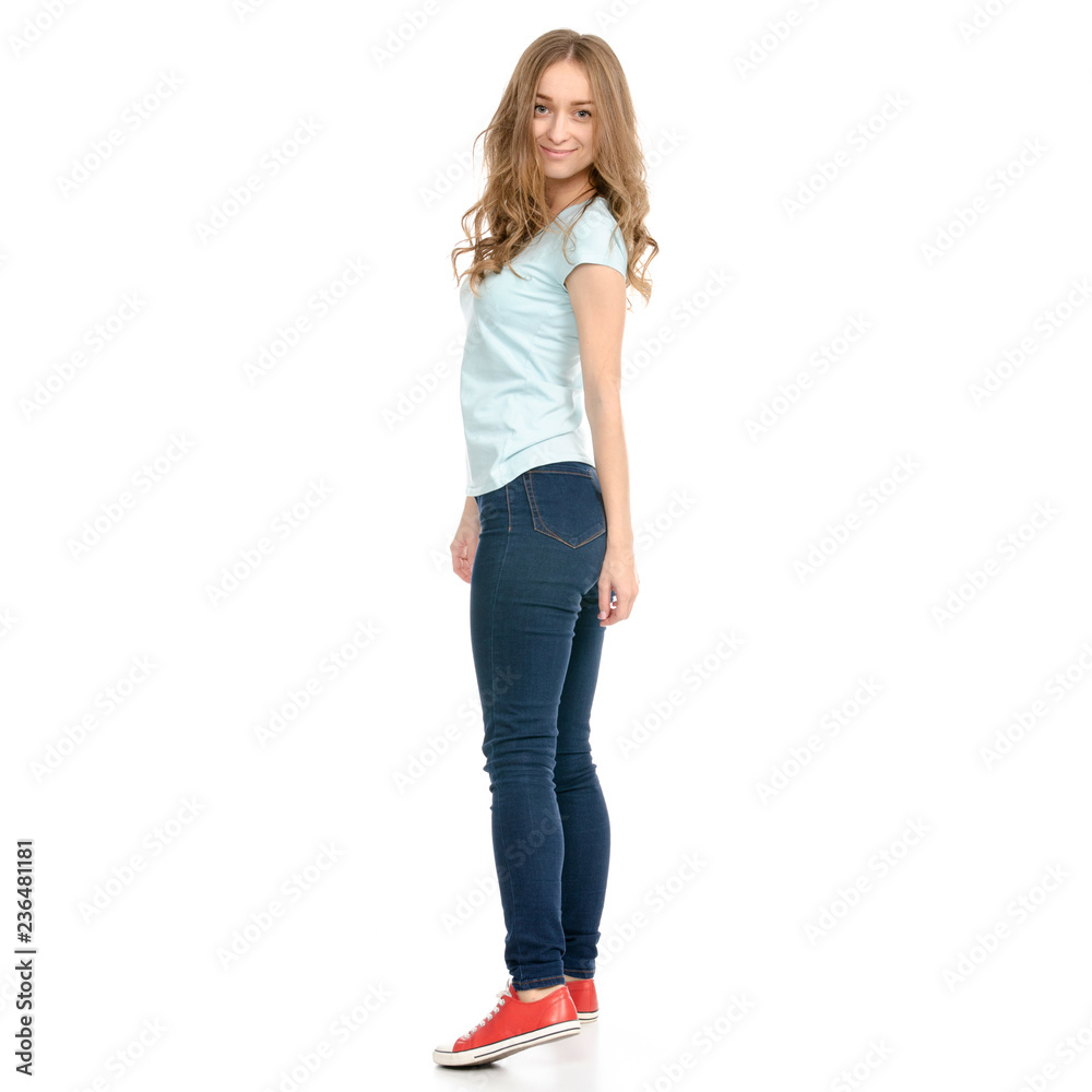 Beautiful woman goes walking showing of positive emotions happy on a white background. Isolation Beautiful woman goes walking showing of positive emotions happy on a white background. Isolation
